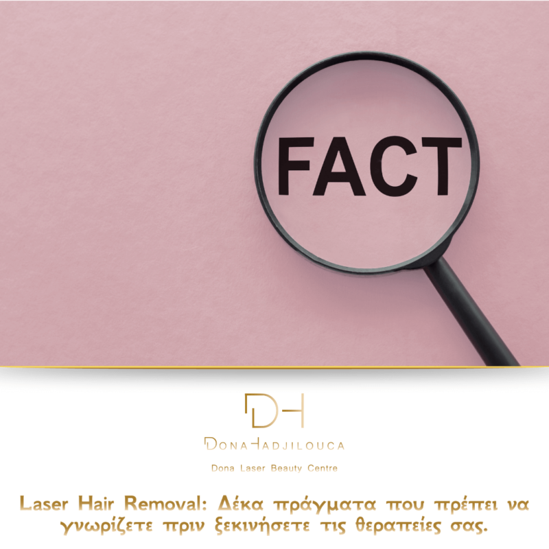 Magnifier that magnify a "FACT" text on on pink background - facts about laser hair removal